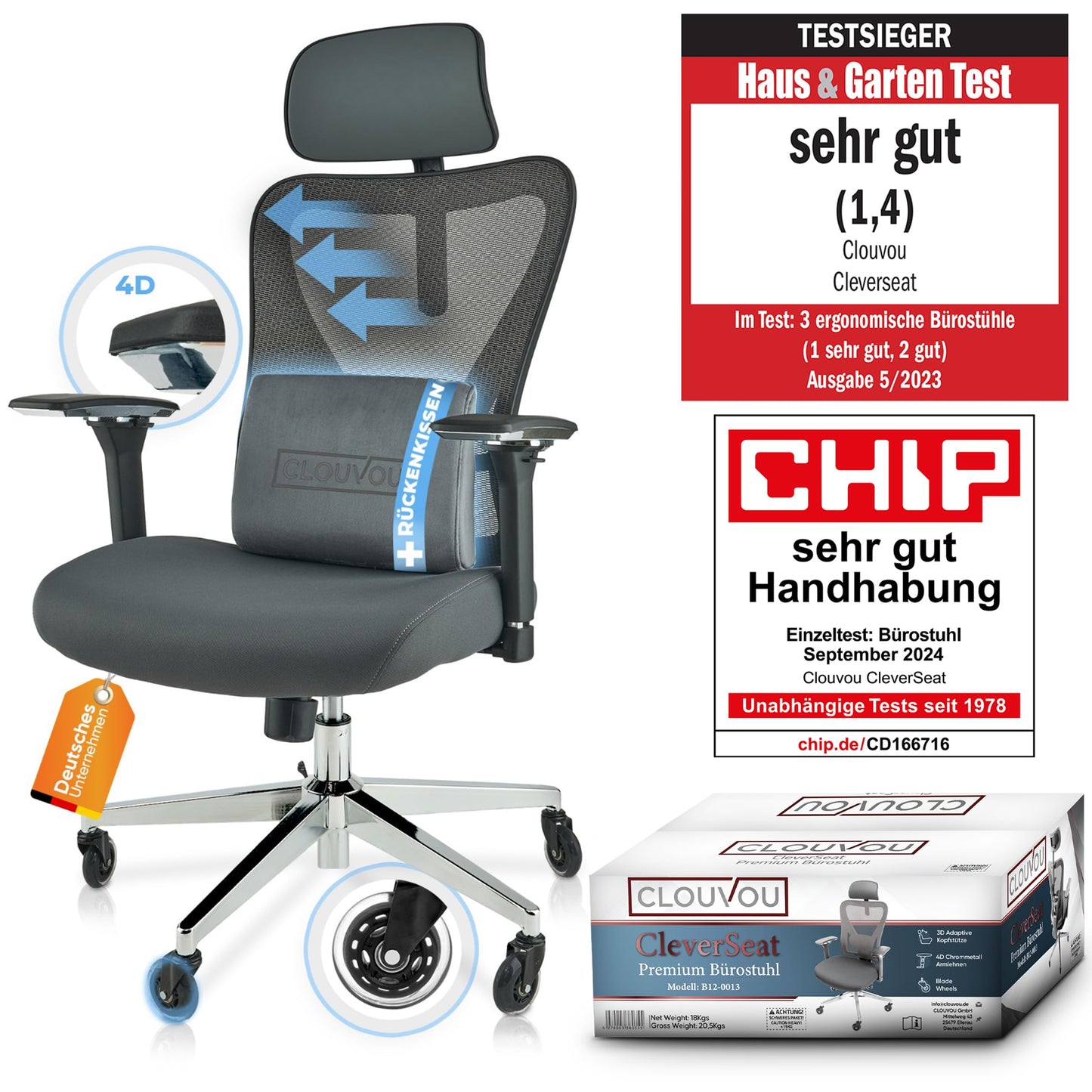 CLOUVOU CleverSeat Ergonomischer Bürostuhl – Verstellbarer Schreibtischstuhl mit 4D Armlehnen, Kopfstütze & Lendenstütze, Drehstuhl bis 150 kg