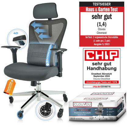 CLOUVOU CleverSeat Ergonomischer Bürostuhl – Verstellbarer Schreibtischstuhl mit 4D Armlehnen, Kopfstütze & Lendenstütze, Drehstuhl bis 150 kg