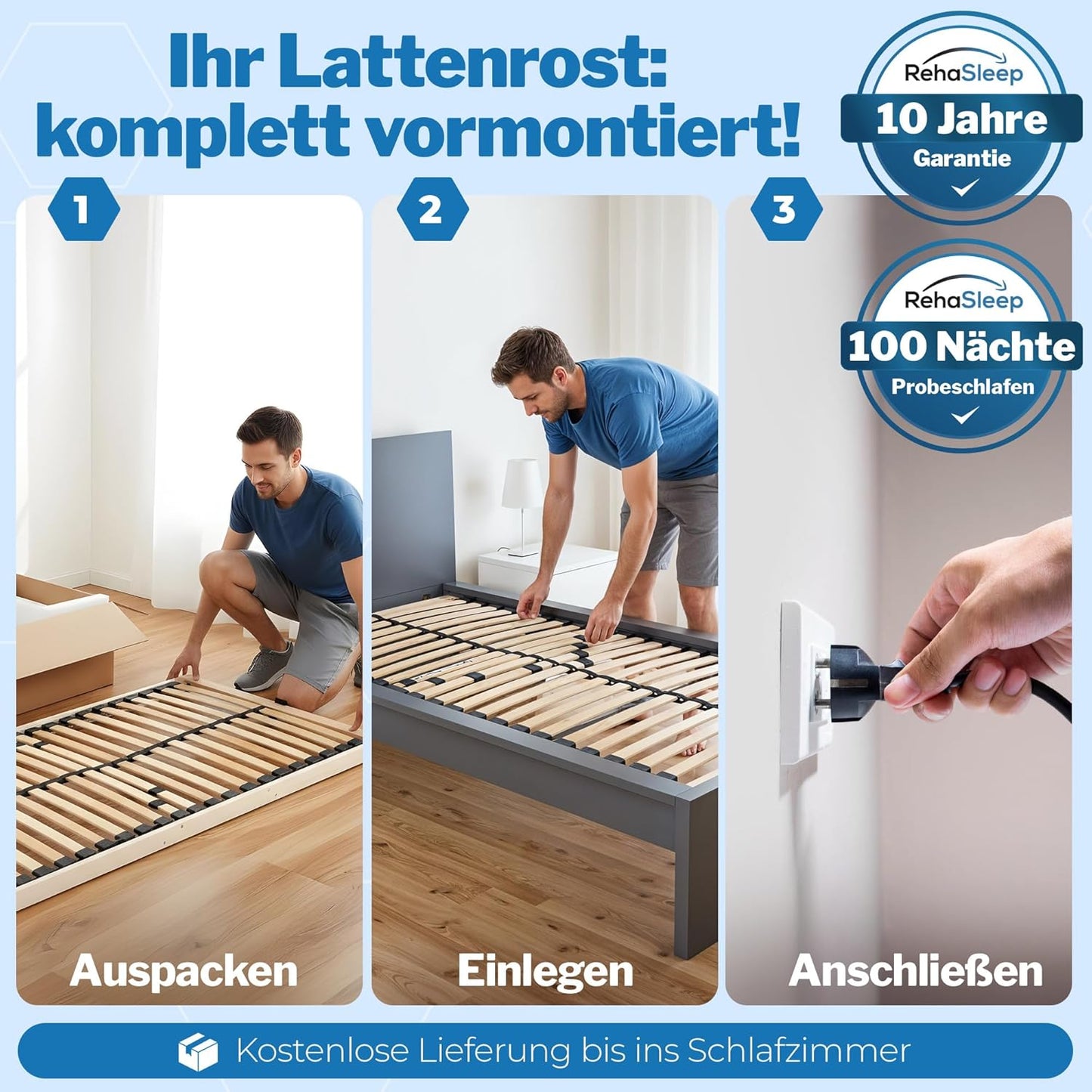 RehaSleep Komfort Lattenrost elektrisch verstellbar – Birkenholz, ergonomisch, 28 Leisten, Schlafsystem für optimalen Liegekomfort