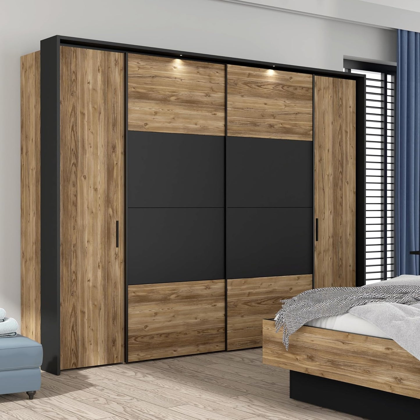 Forte Jabim Kleiderschrank mit LED Beleuchtung – Schwebetürenschrank 4-türig 280 cm Schlafzimmer