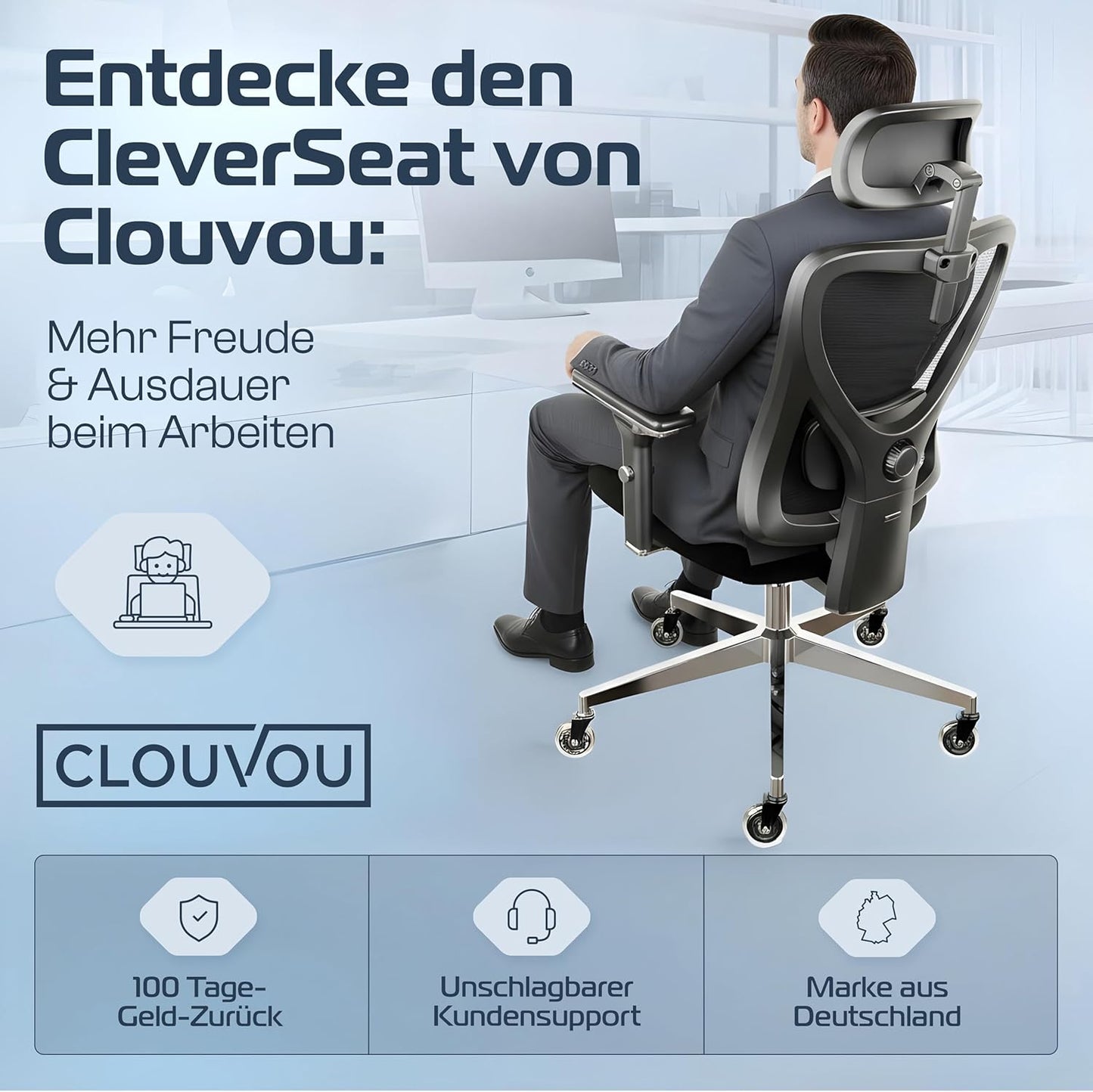 CLOUVOU CleverSeat Ergonomischer Bürostuhl – Verstellbarer Schreibtischstuhl mit 4D Armlehnen, Kopfstütze & Lendenstütze, Drehstuhl bis 150 kg