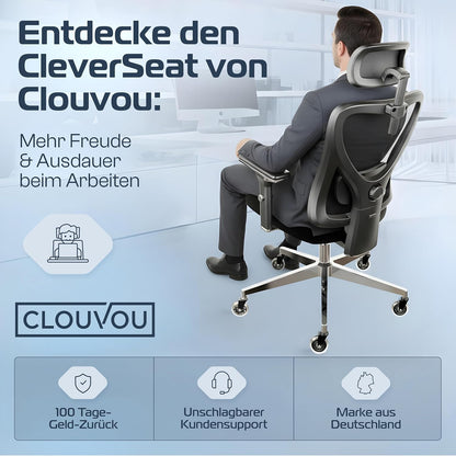 CLOUVOU CleverSeat Ergonomischer Bürostuhl – Verstellbarer Schreibtischstuhl mit 4D Armlehnen, Kopfstütze & Lendenstütze, Drehstuhl bis 150 kg