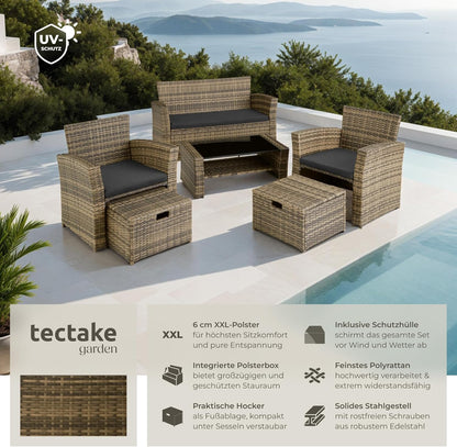 Tectake Polyrattan Garten Sitzgruppe mit Hocker & Auflagenbox, Rattan Lounge Set