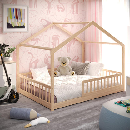 CADANI Malte Kinderbett Hausbett – Montessori Bodenbett aus Massivholz mit Rausfallschutz & Lattenrost – Skandinavisches Kinderbett