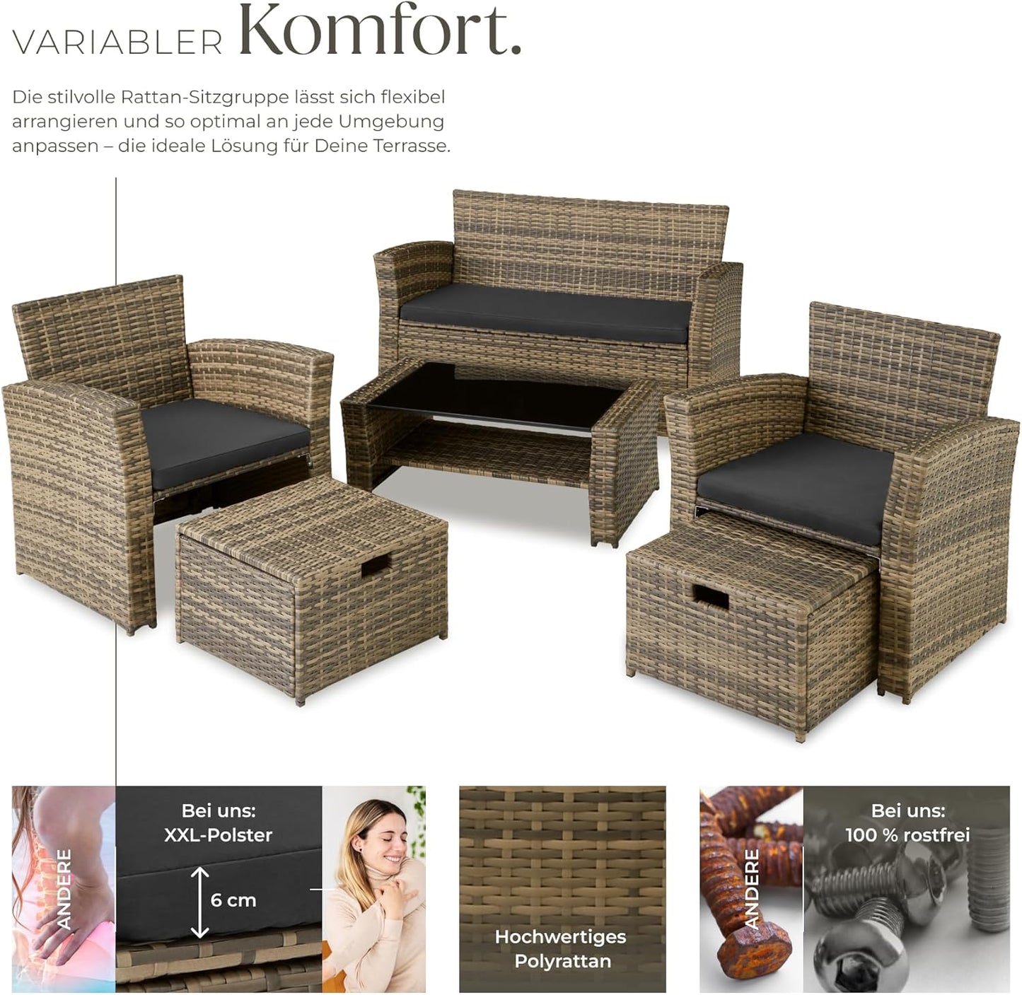 Tectake Polyrattan Garten Sitzgruppe mit Hocker & Auflagenbox, Rattan Lounge Set