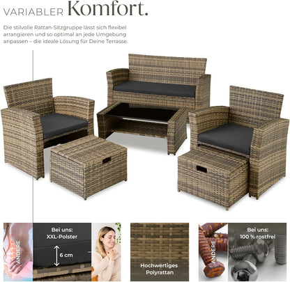 Tectake Polyrattan Garten Sitzgruppe mit Hocker & Auflagenbox, Rattan Lounge Set