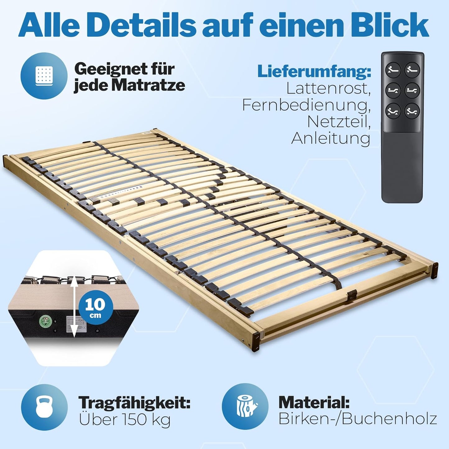 RehaSleep Komfort Lattenrost elektrisch verstellbar – Birkenholz, ergonomisch, 28 Leisten, Schlafsystem für optimalen Liegekomfort
