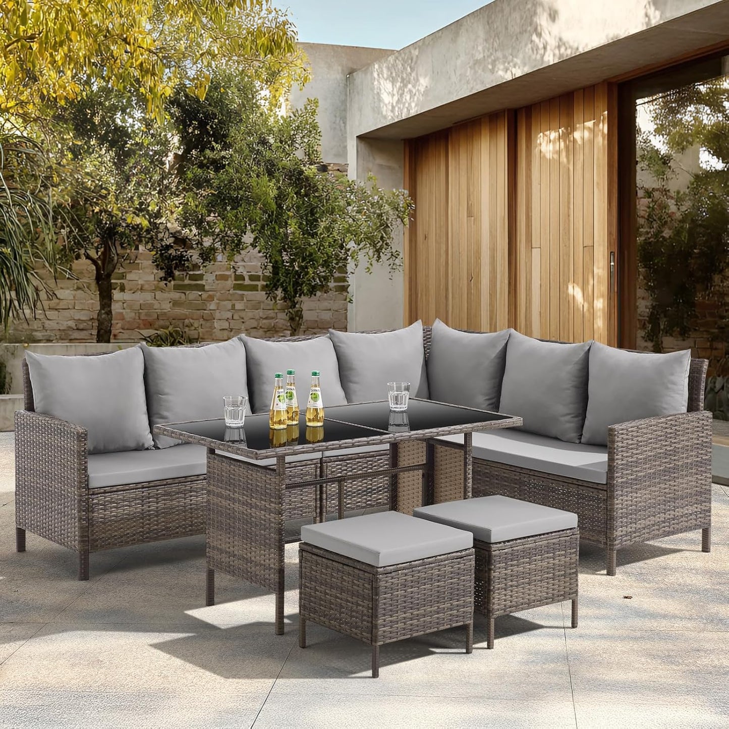 SVITA Madison Rattan Lounge Ecksofa Set Braun, Polyrattan Gartenmöbel mit Tisch & Kissen