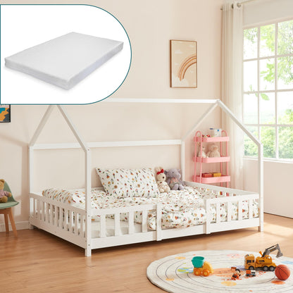 [en.casa] Kinder Hausbett aus Kiefernholz mit Lattenrost & Matratze, Montessori Kinderbett mit Rausfallschutz, stabiles Spielbett für Kinderzimmer