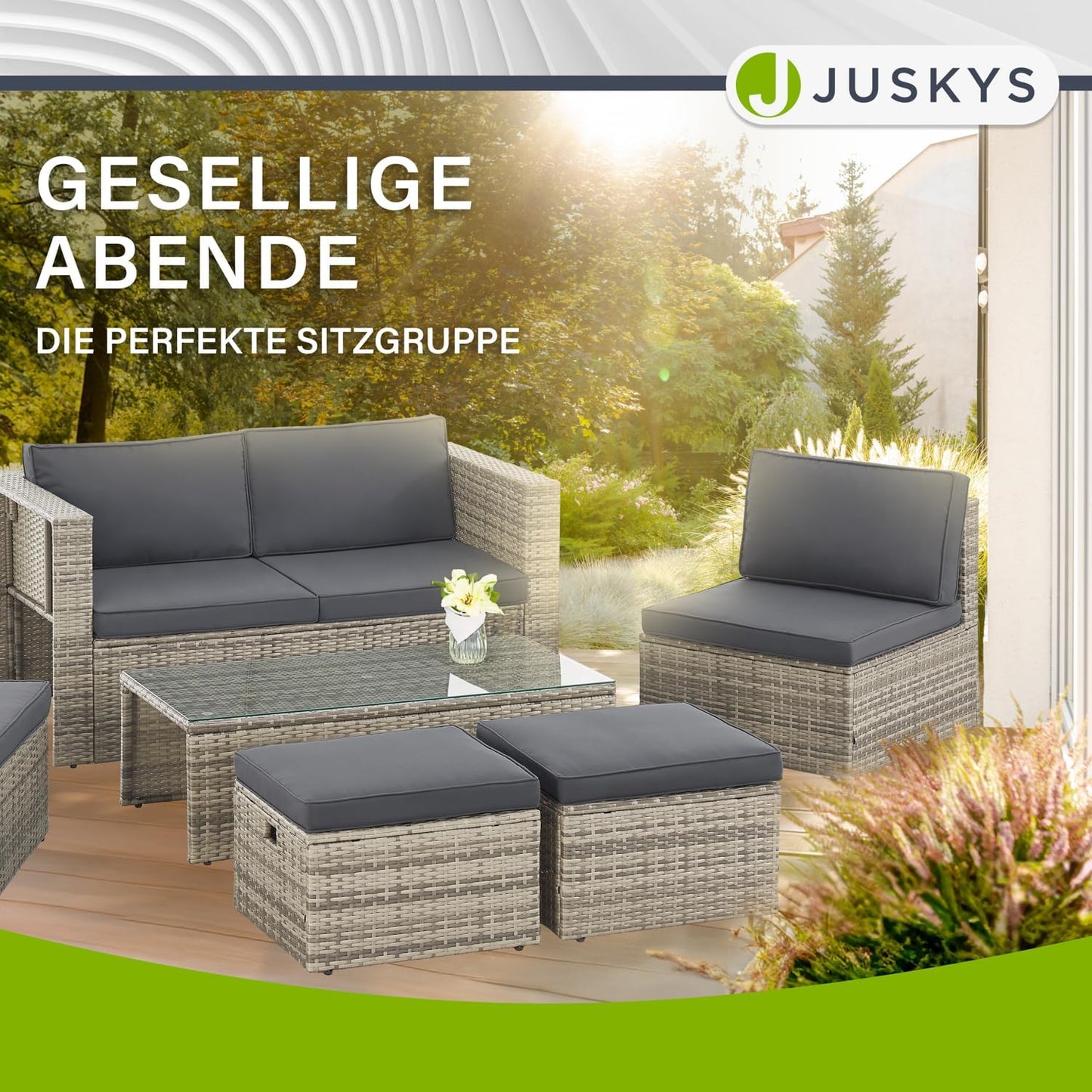 Juskys Polyrattan Gartenmöbel Set Salou mit Abdeckung, Outdoor Lounge für 6 Personen, wetterfest