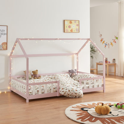 [en.casa] Kinder Hausbett aus Kiefernholz mit Lattenrost & Matratze, Montessori Kinderbett mit Rausfallschutz, stabiles Spielbett für Kinderzimmer