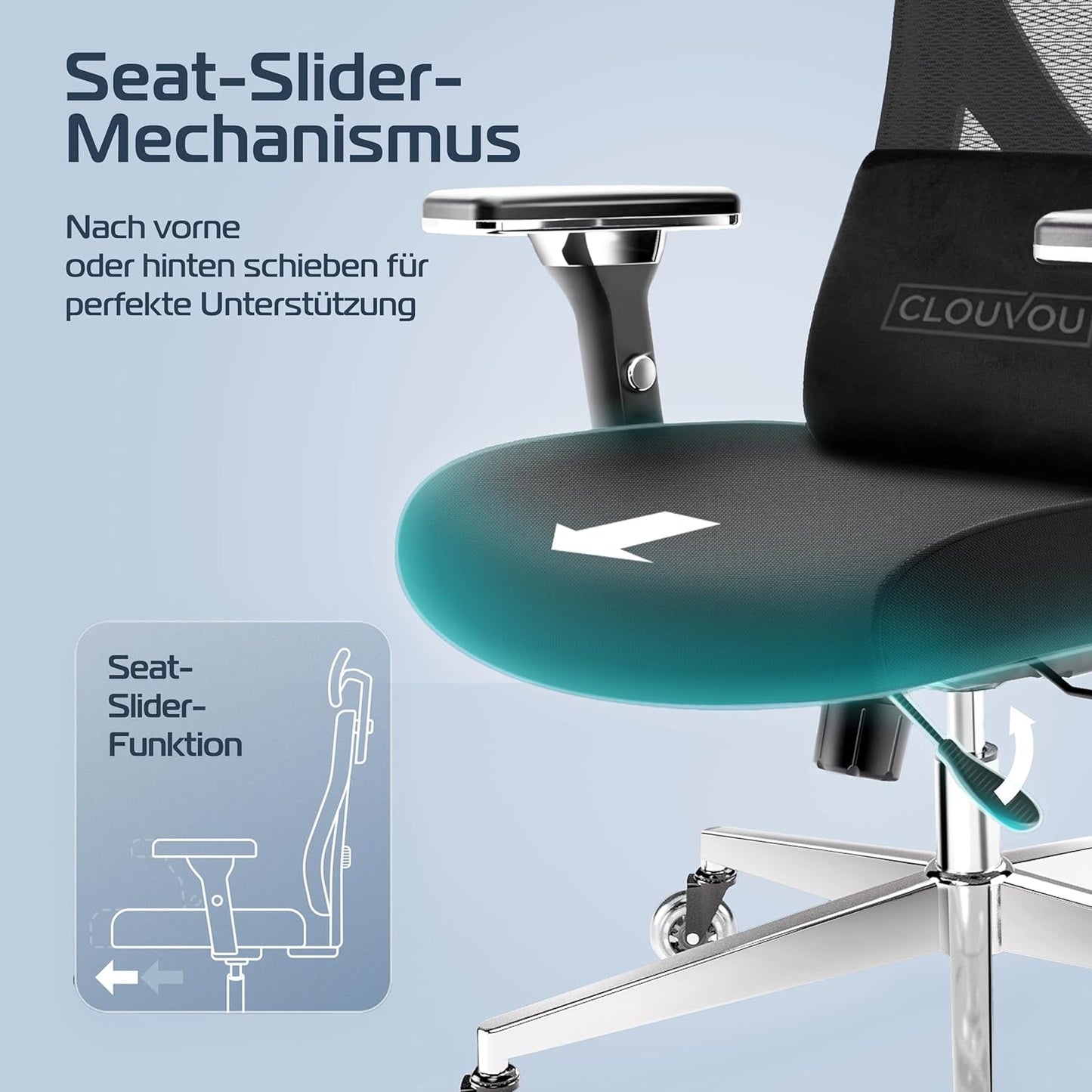 CLOUVOU CleverSeat Ergonomischer Bürostuhl – Verstellbarer Schreibtischstuhl mit 4D Armlehnen, Kopfstütze & Lendenstütze, Drehstuhl bis 150 kg