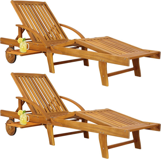 Casaria Sonnenliege 2er Set aus Akazienholz, Braun, klappbar mit Rädern & Tisch, 195x59x30 cm