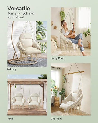 SONGMICS Hängesessel Baumwolle mit Kissen – Boho Hängestuhl Cremeweiß, Metallrahmen Schaukelstuhl für Garten, Balkon & Schlafzimmer