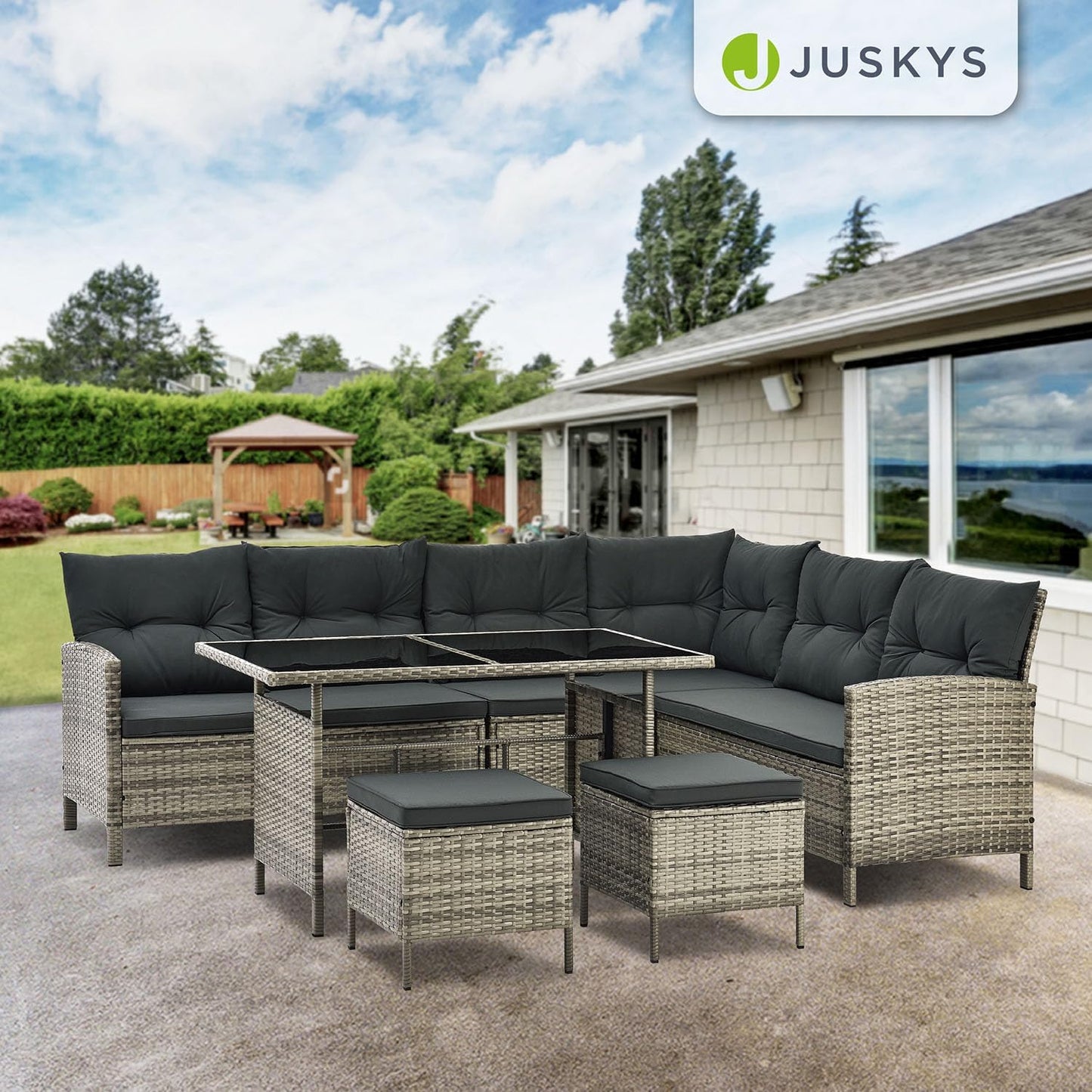 Juskys Polyrattan Lounge Manacor Gartenmöbel Set mit Ecksofa, Tisch & Hocker, wetterfest
