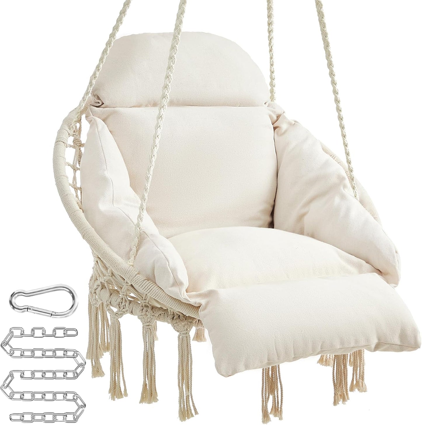 SONGMICS Hängesessel Baumwolle mit Kissen – Boho Hängestuhl Cremeweiß, Metallrahmen Schaukelstuhl für Garten, Balkon & Schlafzimmer