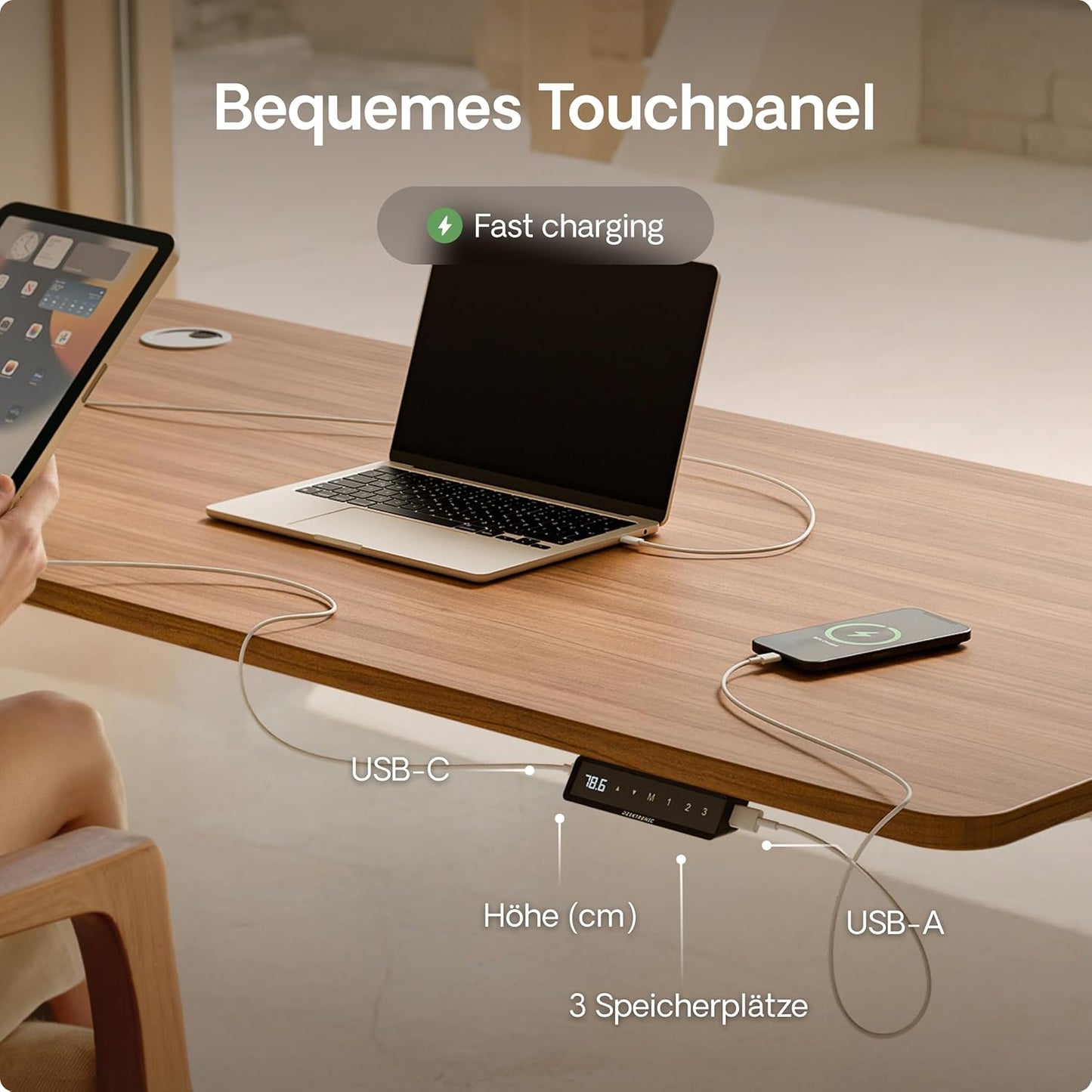 Desktronic HomePro Höhenverstellbarer Schreibtisch Elektrisch – Ergonomischer Steh Sitz Schreibtisch mit Dual Motor, Touchscreen, USB-A & USB-C