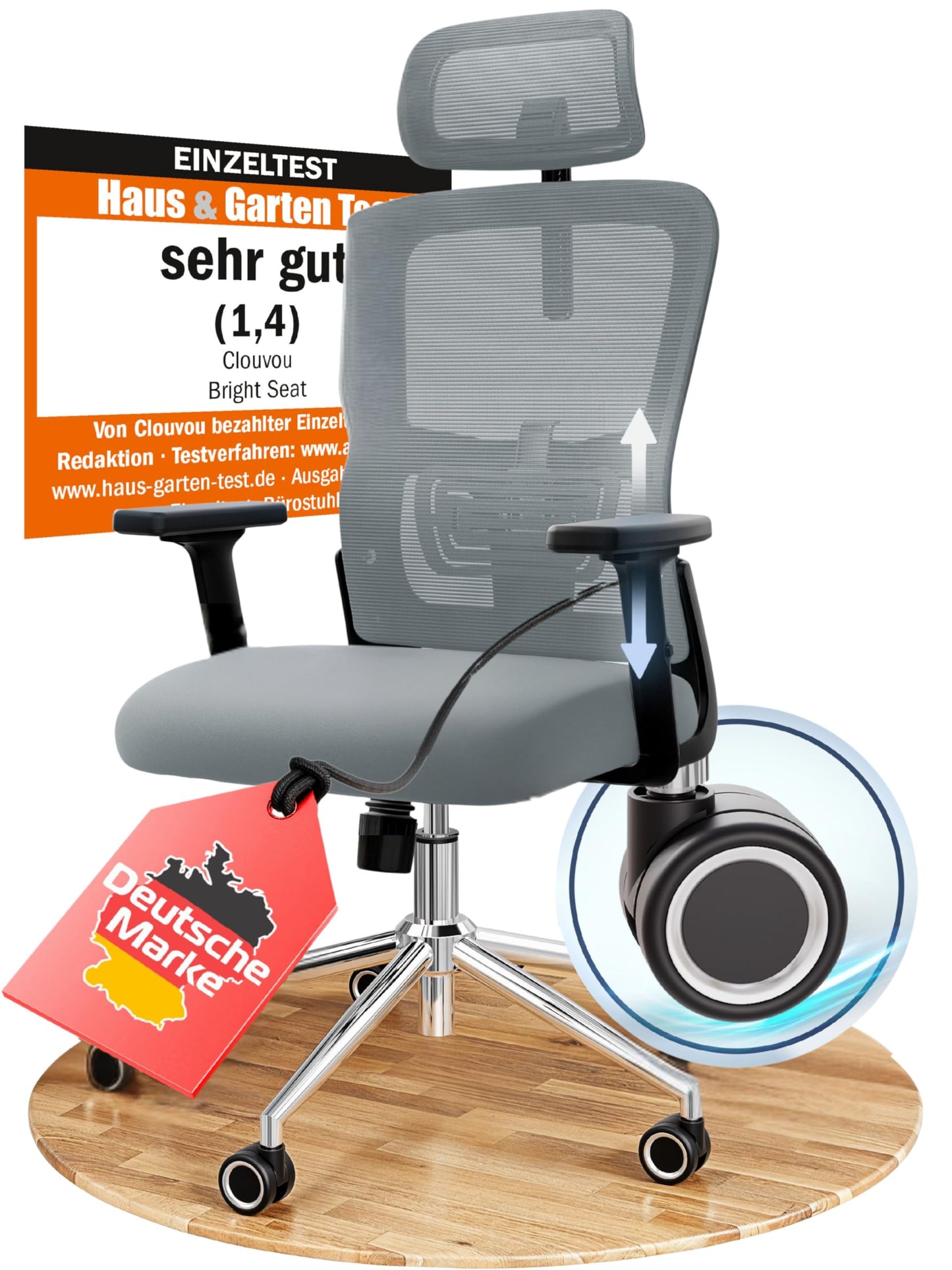 CLOUVOU CleverSeat Ergonomischer Bürostuhl – Verstellbarer Schreibtischstuhl mit 4D Armlehnen, Kopfstütze & Lendenstütze, Drehstuhl bis 150 kg