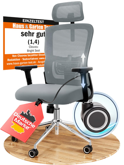 CLOUVOU CleverSeat Ergonomischer Bürostuhl – Verstellbarer Schreibtischstuhl mit 4D Armlehnen, Kopfstütze & Lendenstütze, Drehstuhl bis 150 kg