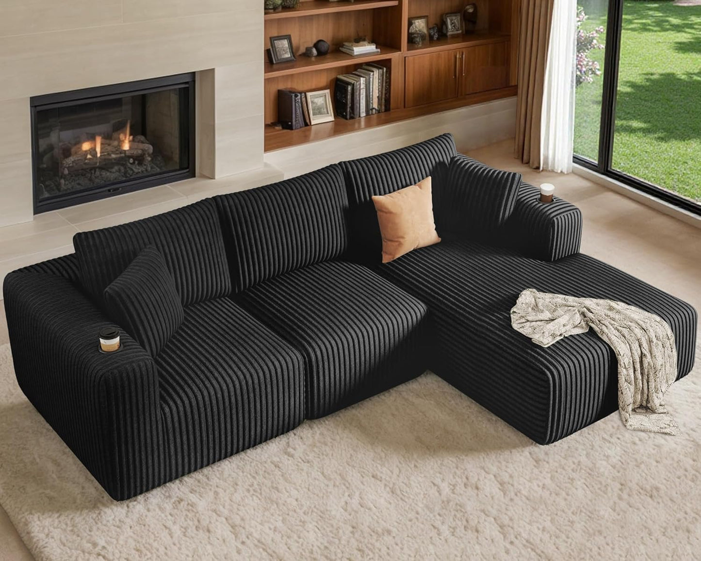 DURASPACE Cord Modulares L-Form Sofa mit Schlaffunktion, Memory-Schaum Cloud Couch mit tiefer Sitzfläche, Getränkehalter