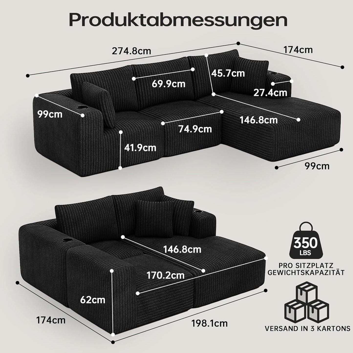 DURASPACE Cord Modulares L-Form Sofa mit Schlaffunktion, Memory-Schaum Cloud Couch mit tiefer Sitzfläche, Getränkehalter