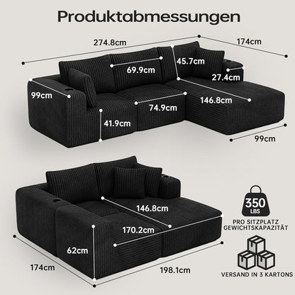 DURASPACE Cord Modulares L-Form Sofa mit Schlaffunktion, Memory-Schaum Cloud Couch mit tiefer Sitzfläche, Getränkehalter