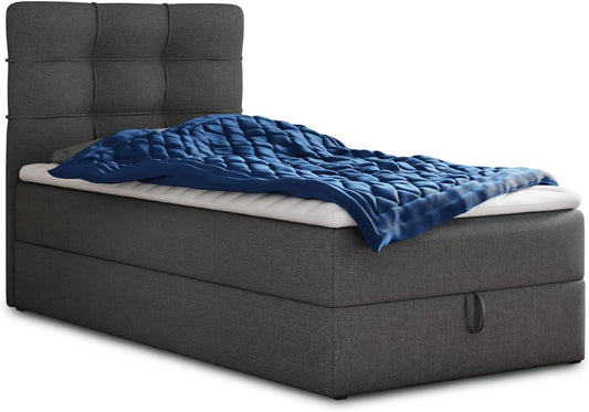 Sofnet Best Mini Boxspringbett mit Bettkasten und Topper – Gepolstertes Bett mit Bonellmatratze, Stauraumbett für Schlafzimmer
