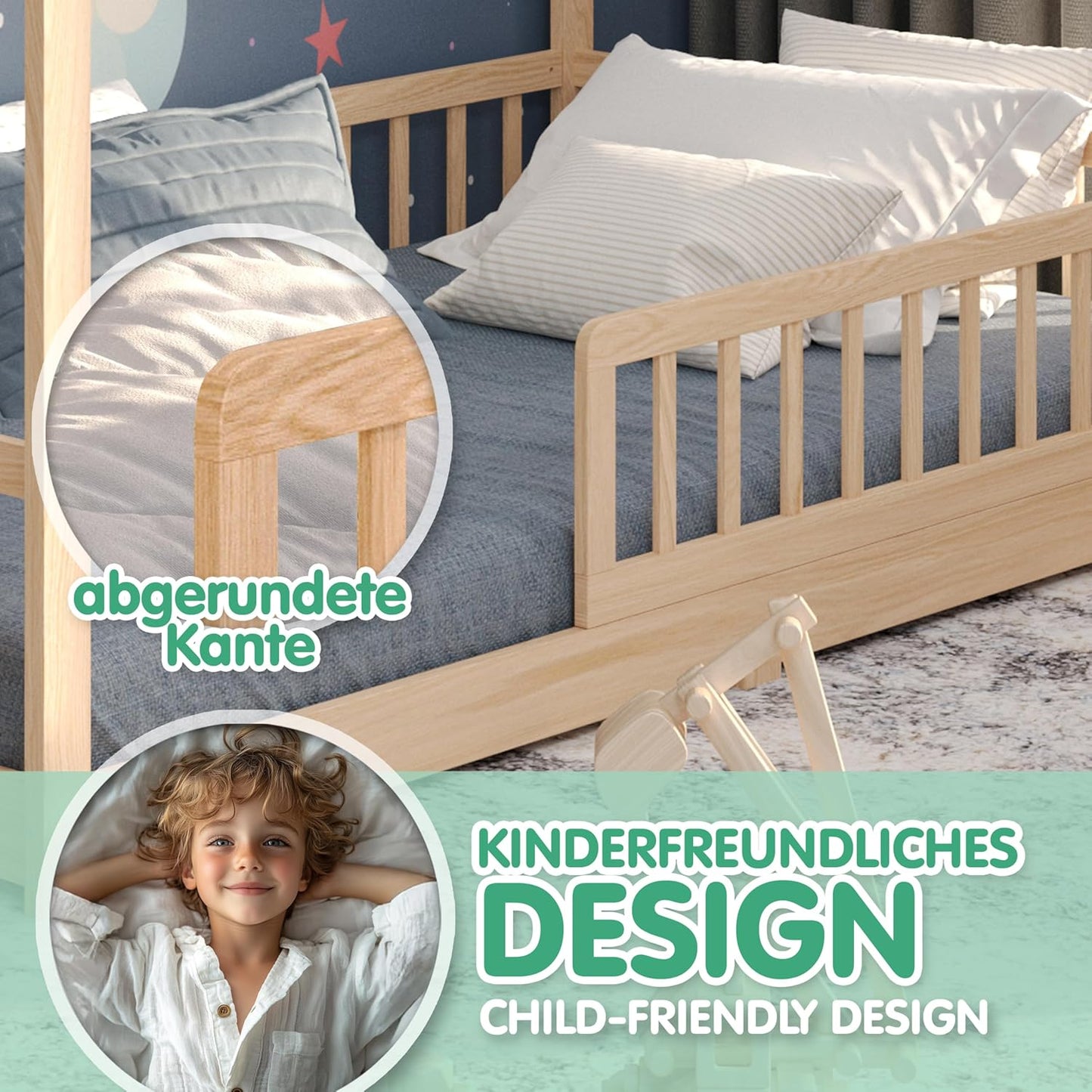 CADANI Malte Kinderbett Hausbett – Montessori Bodenbett aus Massivholz mit Rausfallschutz & Lattenrost – Skandinavisches Kinderbett