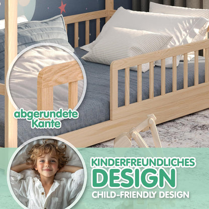CADANI Malte Kinderbett Hausbett – Montessori Bodenbett aus Massivholz mit Rausfallschutz & Lattenrost – Skandinavisches Kinderbett
