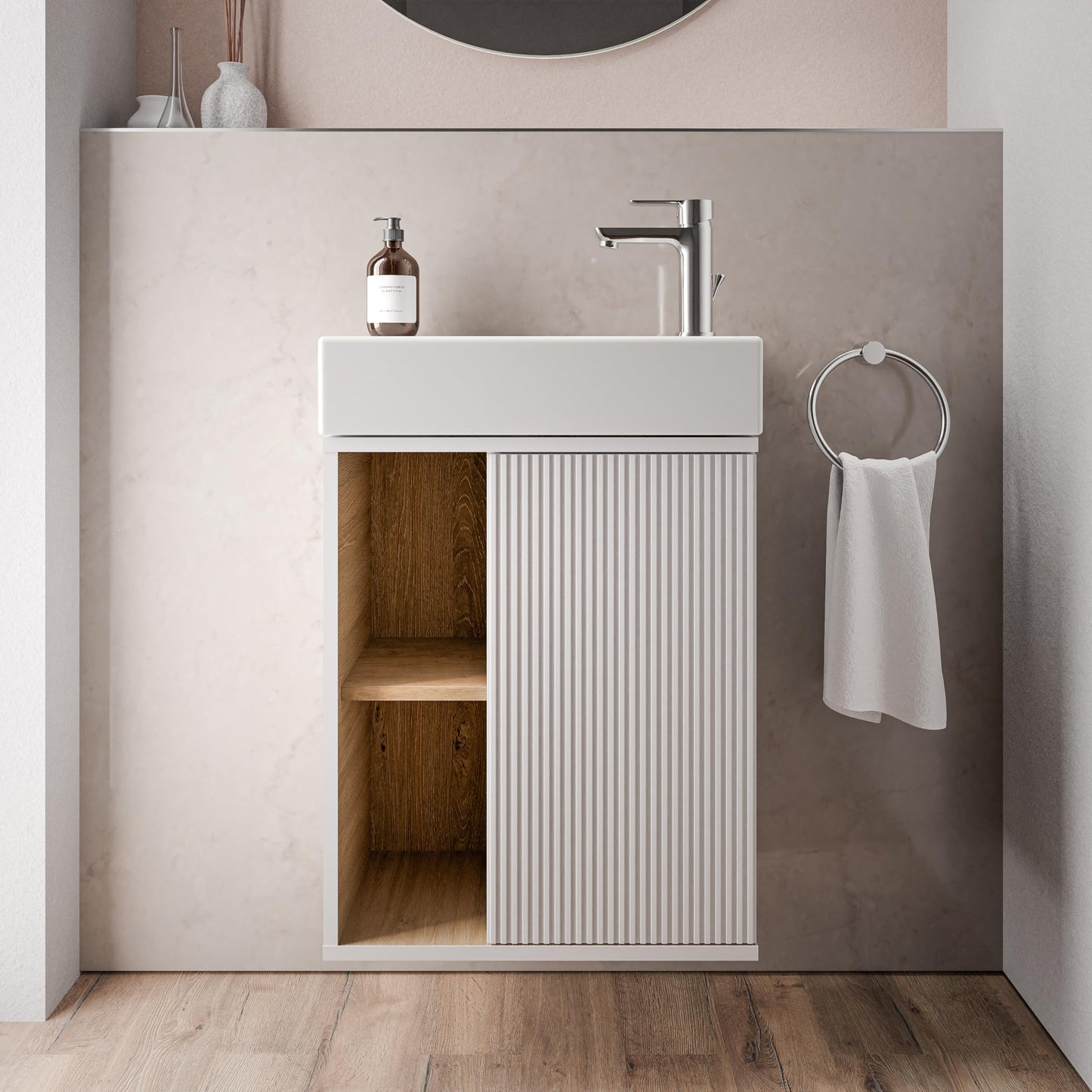 BERNSTEIN Beldivo Badmöbel Set mit Waschbecken – Wandhängender Waschtischunterschrank mit Keramikbecken, Push-Open & Soft-Close, MDF