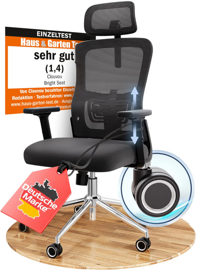 CLOUVOU CleverSeat Ergonomischer Bürostuhl – Verstellbarer Schreibtischstuhl mit 4D Armlehnen, Kopfstütze & Lendenstütze, Drehstuhl bis 150 kg
