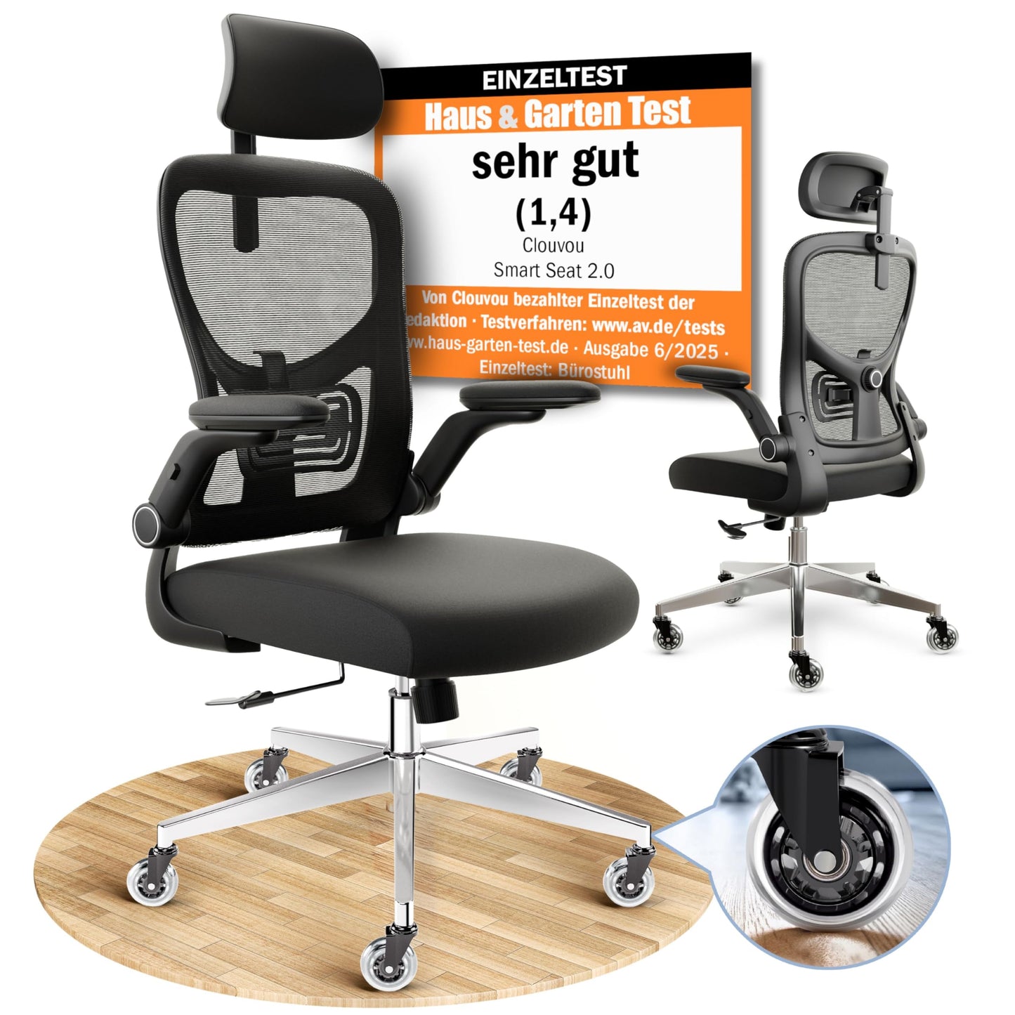 CLOUVOU CleverSeat Ergonomischer Bürostuhl – Verstellbarer Schreibtischstuhl mit 4D Armlehnen, Kopfstütze & Lendenstütze, Drehstuhl bis 150 kg