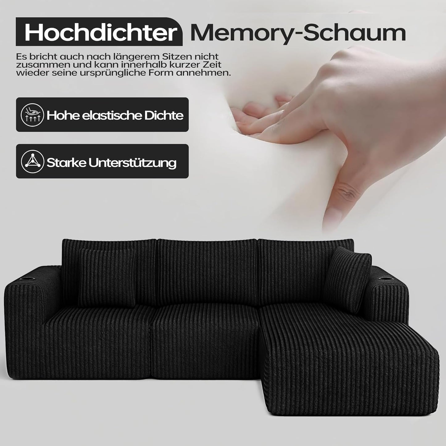 DURASPACE Cord Modulares L-Form Sofa mit Schlaffunktion, Memory-Schaum Cloud Couch mit tiefer Sitzfläche, Getränkehalter
