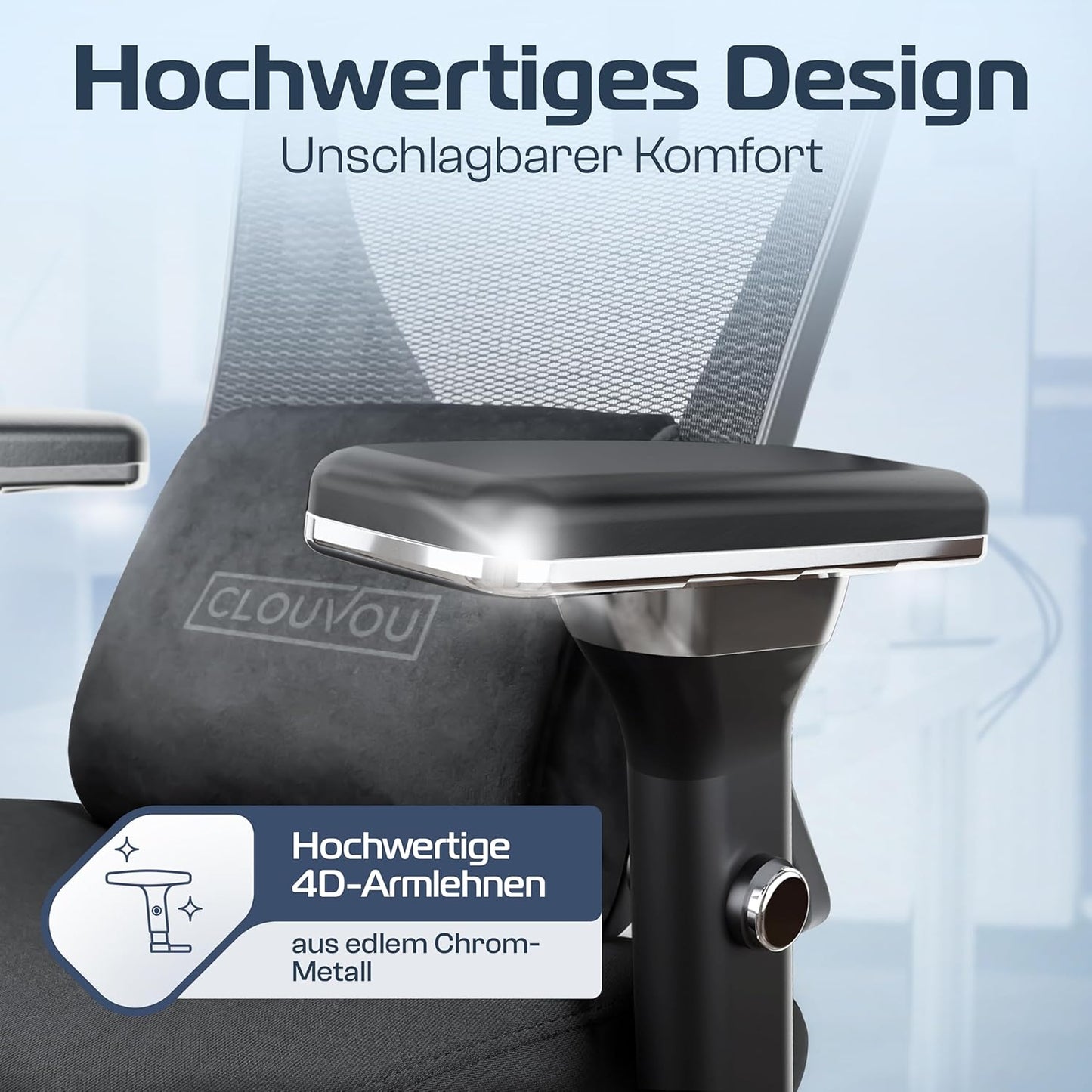 CLOUVOU CleverSeat Ergonomischer Bürostuhl – Verstellbarer Schreibtischstuhl mit 4D Armlehnen, Kopfstütze & Lendenstütze, Drehstuhl bis 150 kg