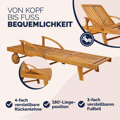 Casaria Sonnenliege 2er Set aus Akazienholz, Braun, klappbar mit Rädern & Tisch, 195x59x30 cm