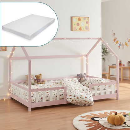 [en.casa] Kinder Hausbett aus Kiefernholz mit Lattenrost & Matratze, Montessori Kinderbett mit Rausfallschutz, stabiles Spielbett für Kinderzimmer