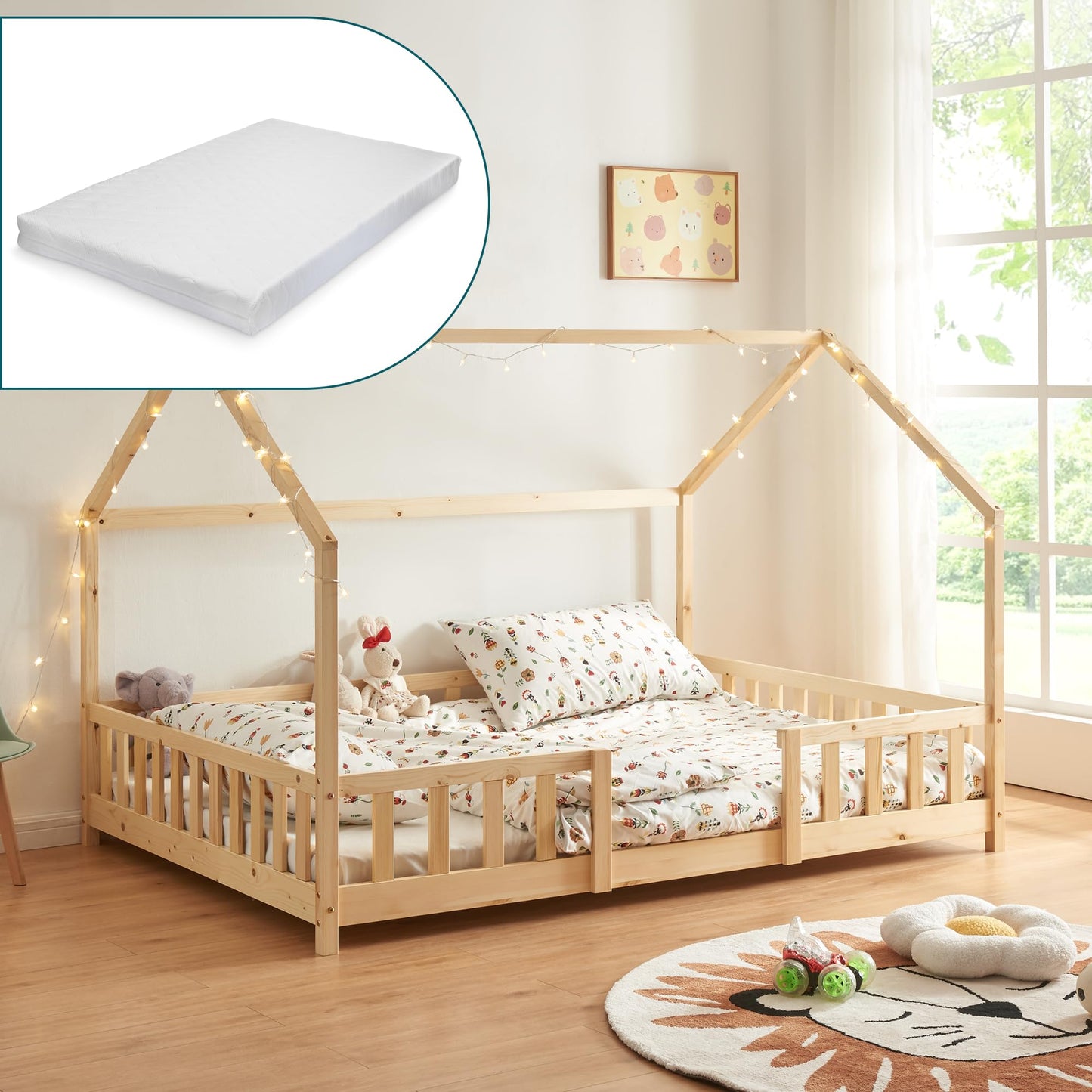 [en.casa] Kinder Hausbett aus Kiefernholz mit Lattenrost & Matratze, Montessori Kinderbett mit Rausfallschutz, stabiles Spielbett für Kinderzimmer