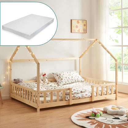 [en.casa] Kinder Hausbett aus Kiefernholz mit Lattenrost & Matratze, Montessori Kinderbett mit Rausfallschutz, stabiles Spielbett für Kinderzimmer