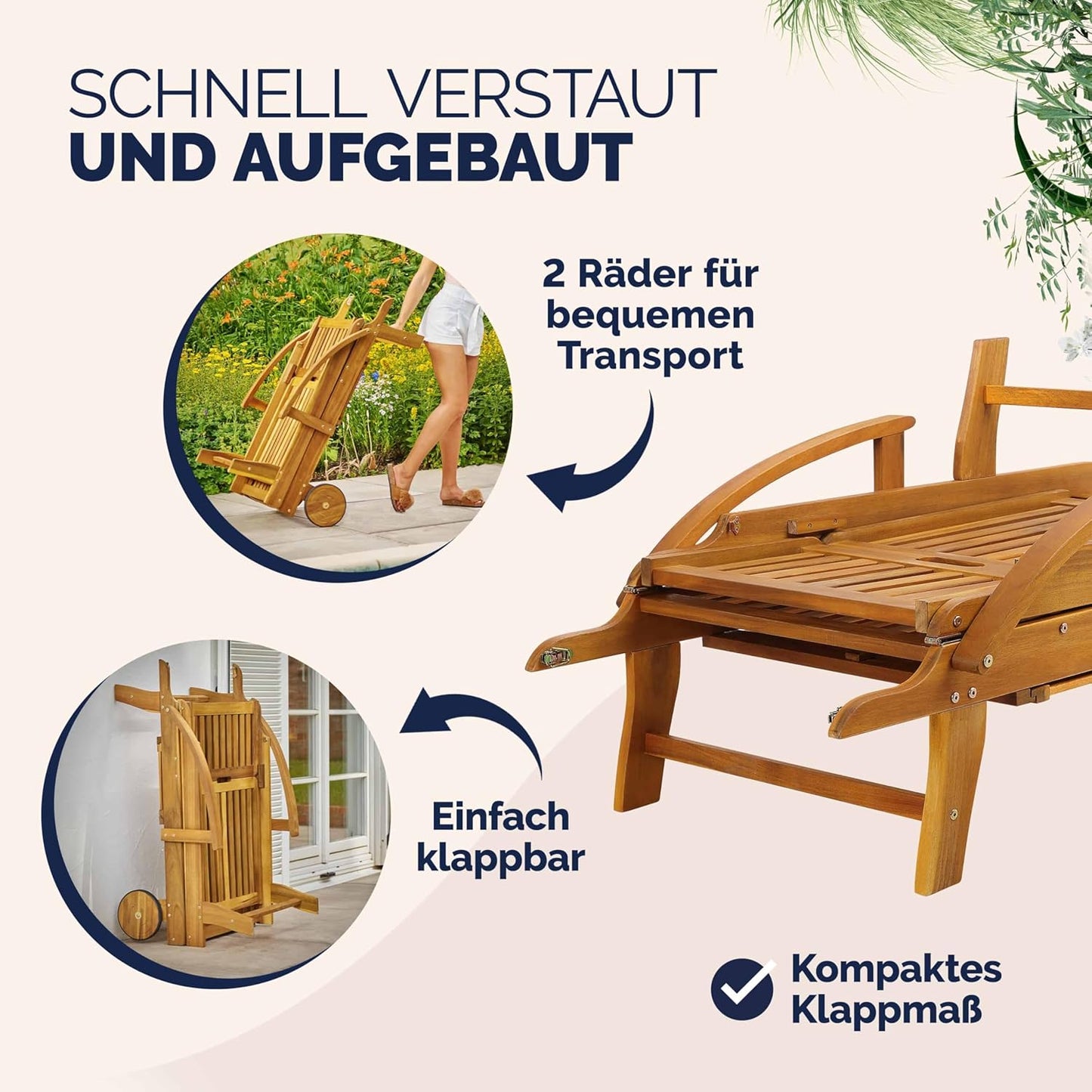 Casaria Sonnenliege 2er Set aus Akazienholz, Braun, klappbar mit Rädern & Tisch, 195x59x30 cm