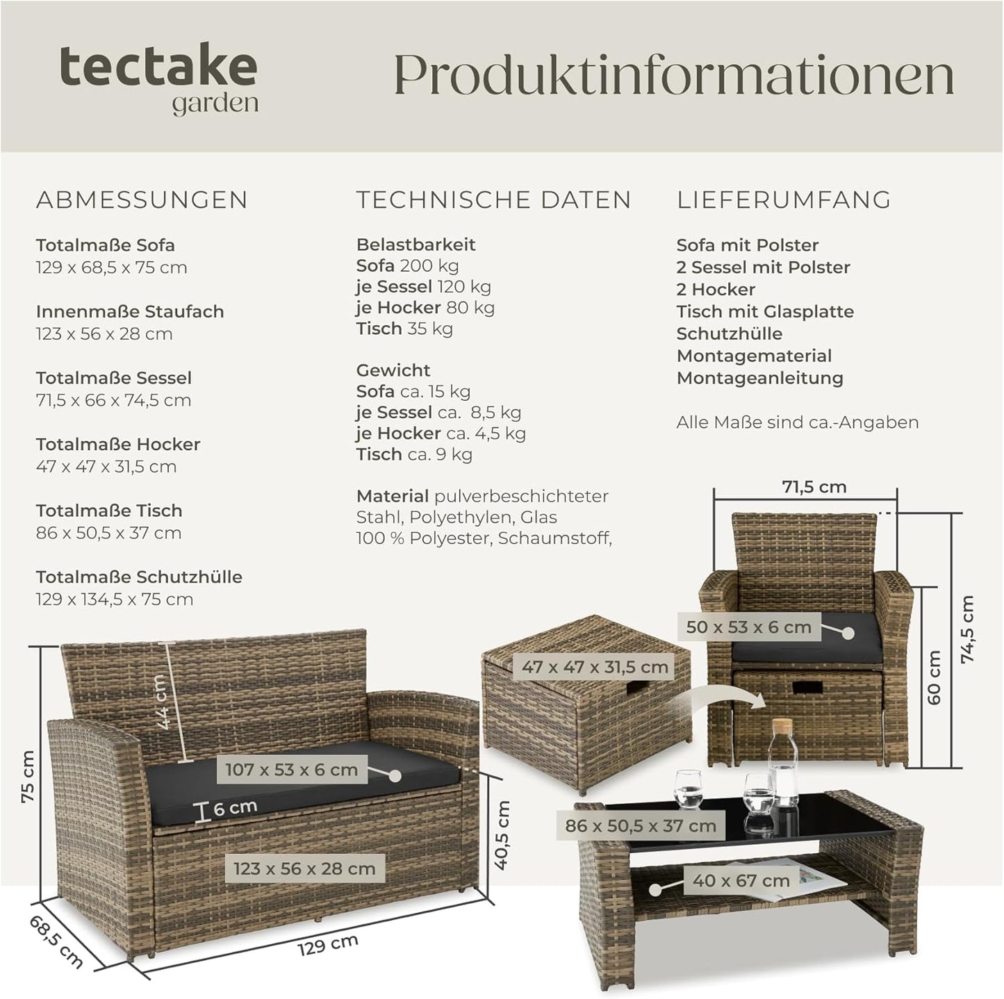 Tectake Polyrattan Garten Sitzgruppe mit Hocker & Auflagenbox, Rattan Lounge Set