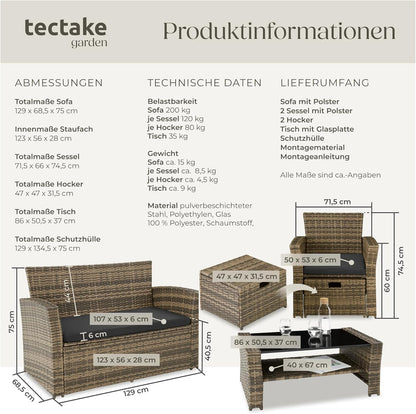 Tectake Polyrattan Garten Sitzgruppe mit Hocker & Auflagenbox, Rattan Lounge Set