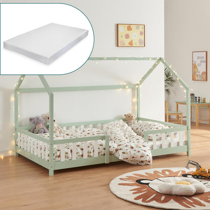 [en.casa] Kinder Hausbett aus Kiefernholz mit Lattenrost & Matratze, Montessori Kinderbett mit Rausfallschutz, stabiles Spielbett für Kinderzimmer
