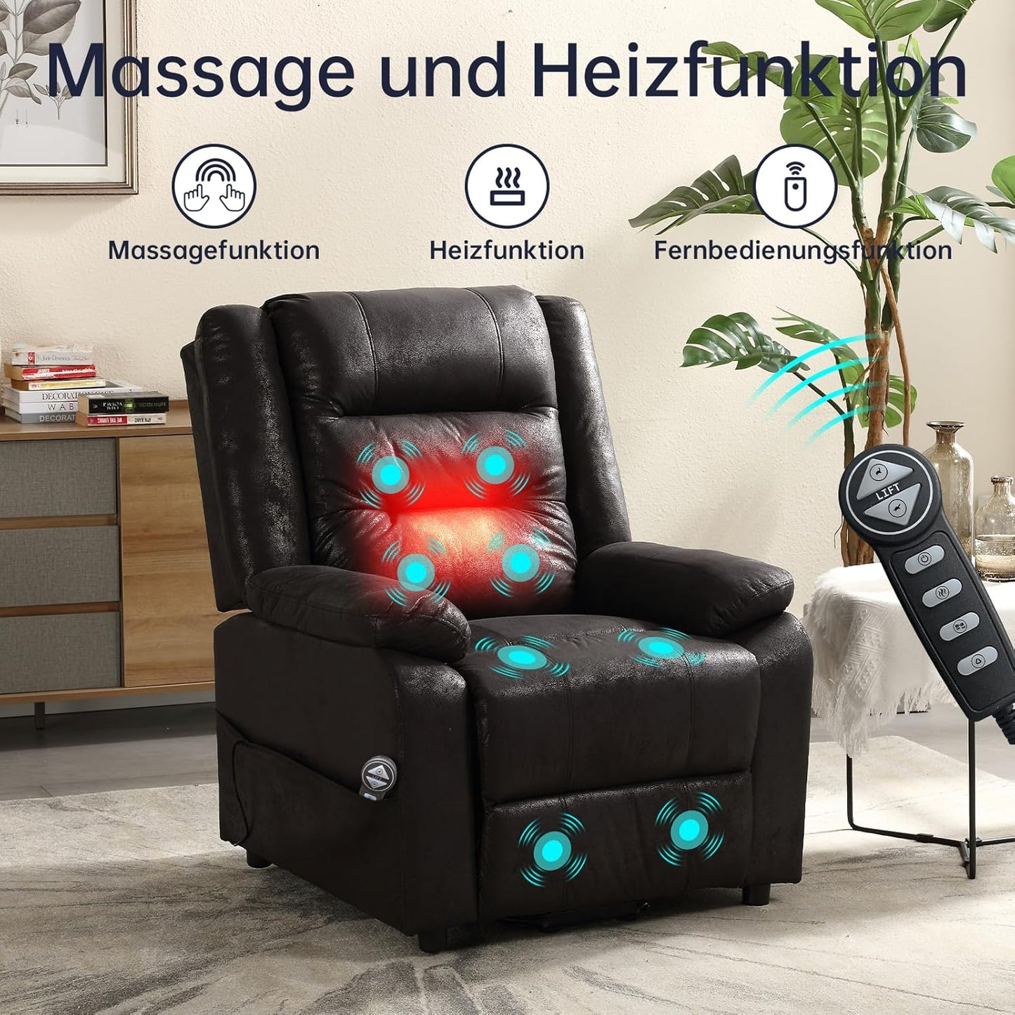 Asukale Elektrischer Relaxsessel mit Aufstehhilfe, Massage & Heizfunktion, Fernsehsessel verstellbar mit Fußstütze & Fernbedienung