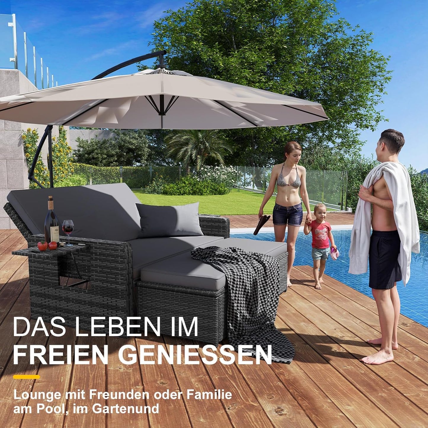 UDPATIO Rattan Lounge Sofa 2-Sitzer Grau meliert mit Hocker & Stauraum, verstellbare Rückenlehne, Metall & PE-Rattan