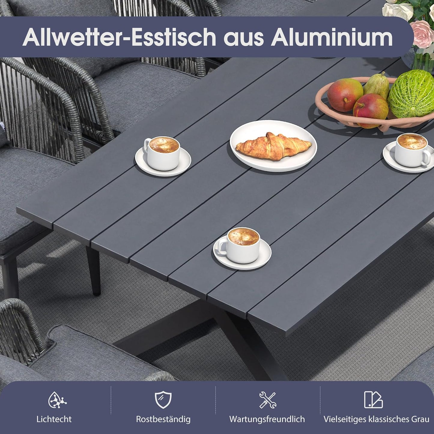 PURPLE LEAF Terrassenmöbel Set 11-tlg – Aluminium Gartenmöbel Lounge mit Esstisch & 10 Gartenstühlen, Wetterfest Balkon- & Gartenmöbel