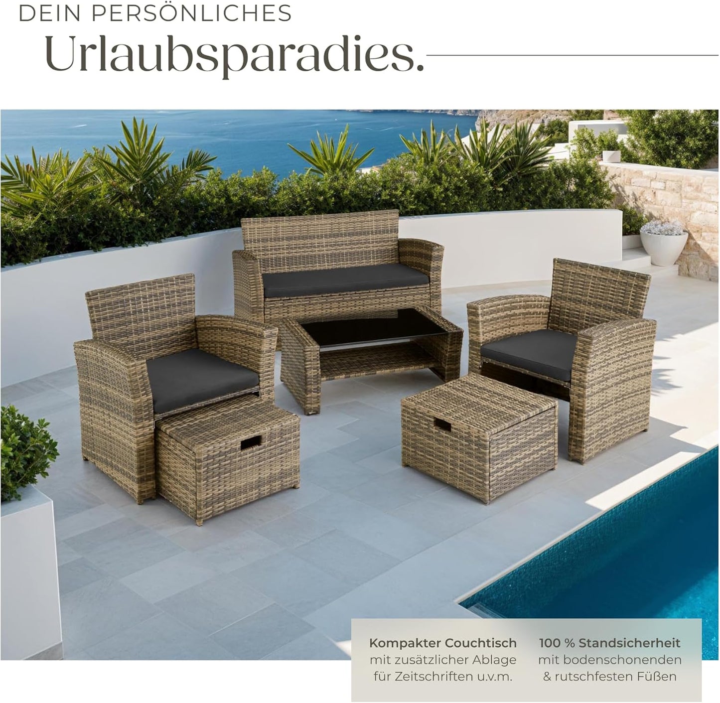 Tectake Polyrattan Garten Sitzgruppe mit Hocker & Auflagenbox, Rattan Lounge Set