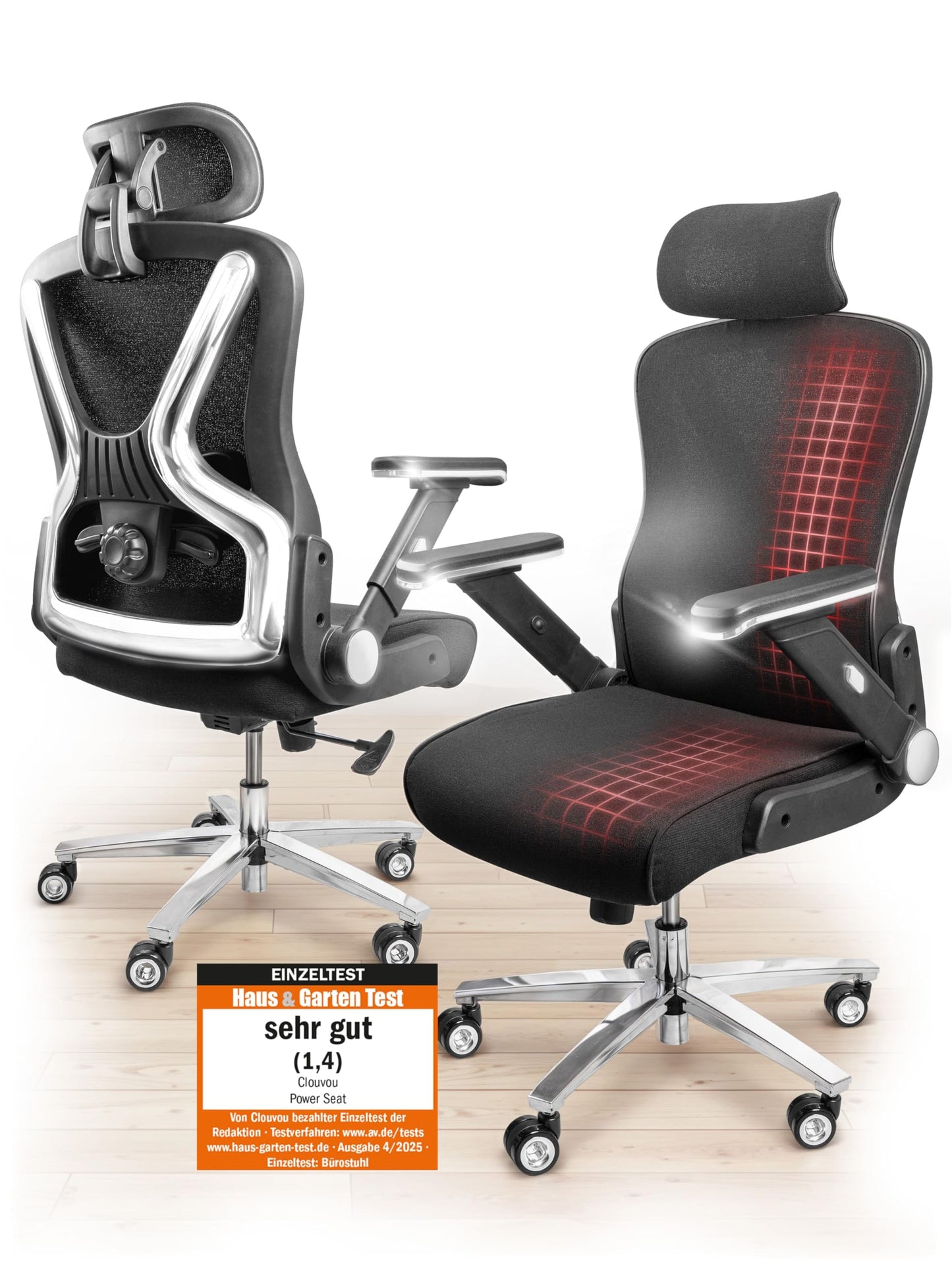 CLOUVOU CleverSeat Ergonomischer Bürostuhl – Verstellbarer Schreibtischstuhl mit 4D Armlehnen, Kopfstütze & Lendenstütze, Drehstuhl bis 150 kg