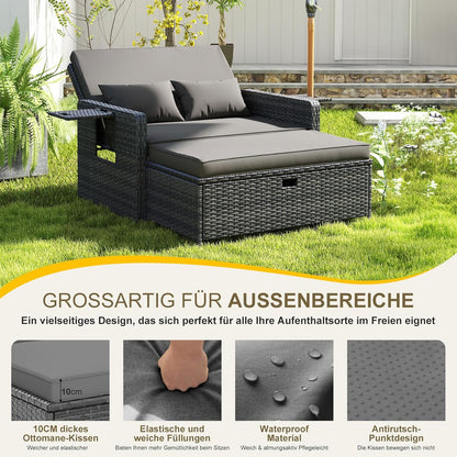 UDPATIO Rattan Lounge Sofa 2-Sitzer Grau meliert mit Hocker & Stauraum, verstellbare Rückenlehne, Metall & PE-Rattan