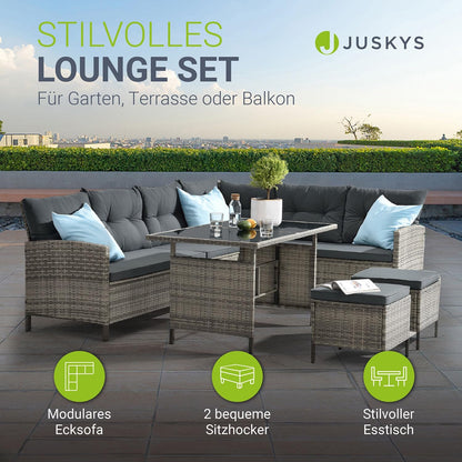 Juskys Polyrattan Lounge Manacor Gartenmöbel Set mit Ecksofa, Tisch & Hocker, wetterfest