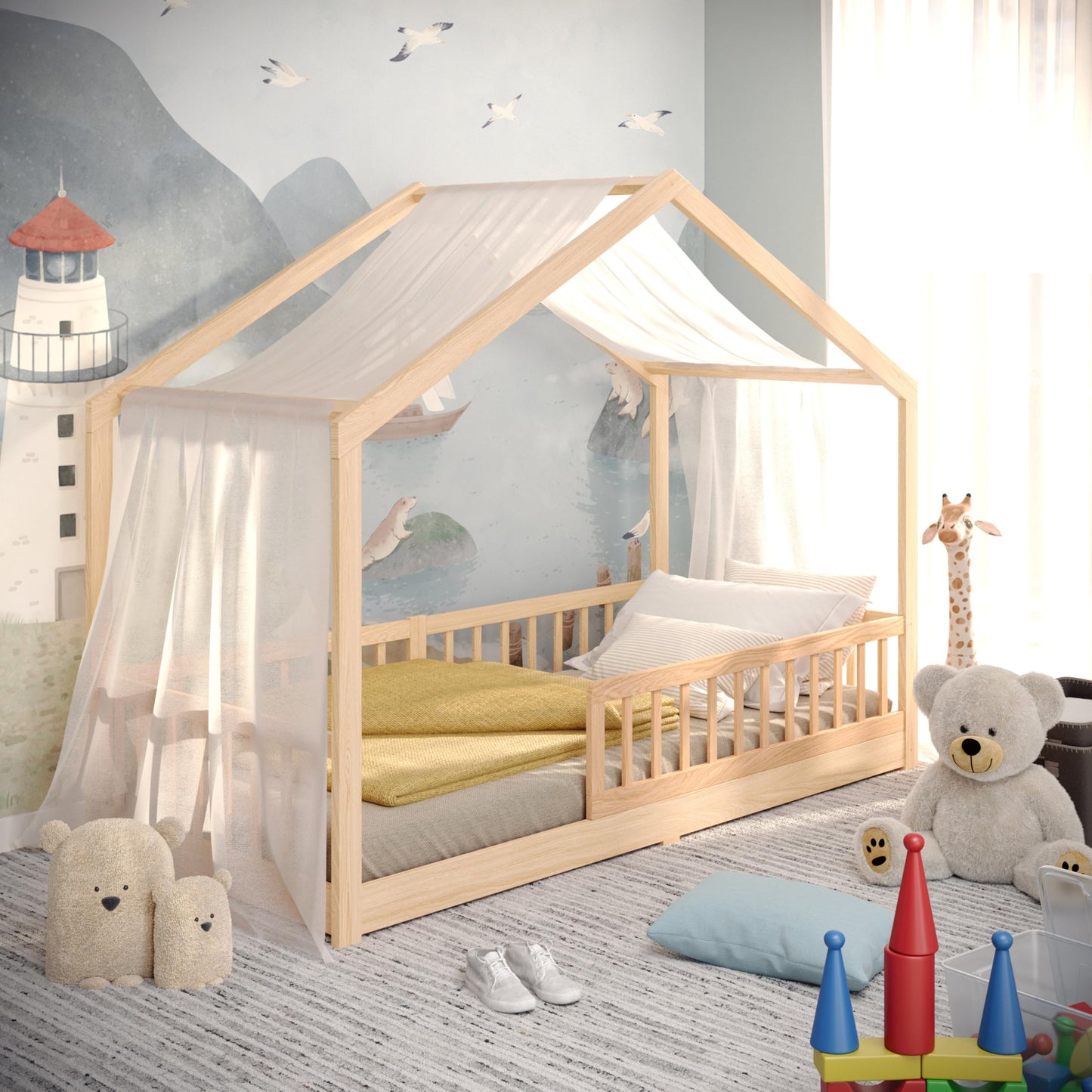 CADANI Malte Kinderbett Hausbett – Montessori Bodenbett aus Massivholz mit Rausfallschutz & Lattenrost – Skandinavisches Kinderbett